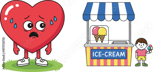 Cute sad heart cartoon character and kids ice cream stand dessert shop vector illustration set