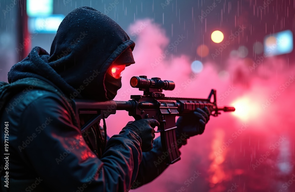 Obraz premium Man in black hoodie aims rifle with red glowing eyes, rain falls on city street. Explosions and pink smoke create tense atmosphere, threat. Urban combat.