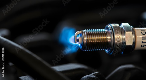 Macro high performance iridium spark plug firing thick incredibly bright blue plasma.