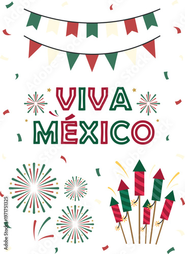 Elementos fiesta patria México fuegos artificiales y banderines