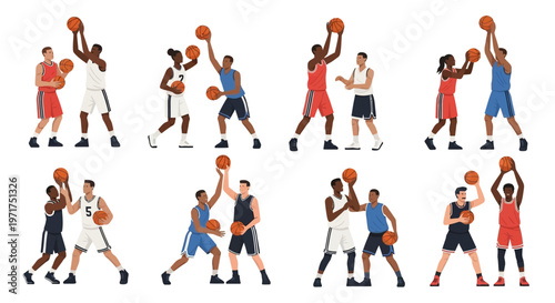 Basketball players in action, diverse teams competing in intense game, flat vector illustration