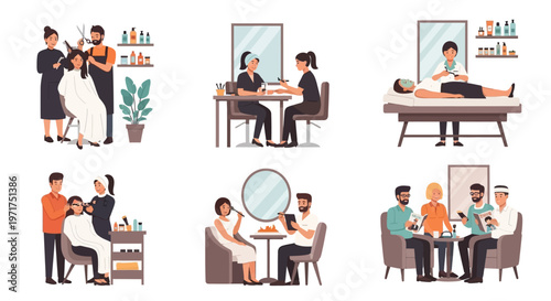 Beauty salon collage: hairstyling, manicure, massage, makeup, barber, men's grooming