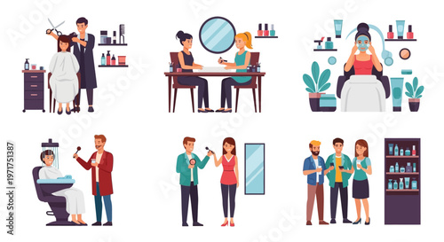 Beauty salon scenes: hair, nails, facial, and makeup services