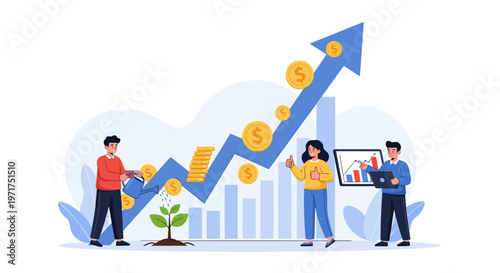 Business growth concept: people watering plant, rising graph, coins, financial success
