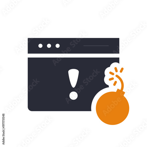 Browser window warning icon ddos attack, orange bomb symbol beside exclamation mark, flat minimal graphic style, highcontrast color palette, interface silhouette suggesting system compromise, metaphor