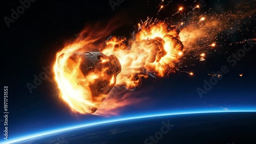 Cinematic shot of a space capsule engulfed in fiery plasma exploding and breaking apart during Earth atmosphere re-entry