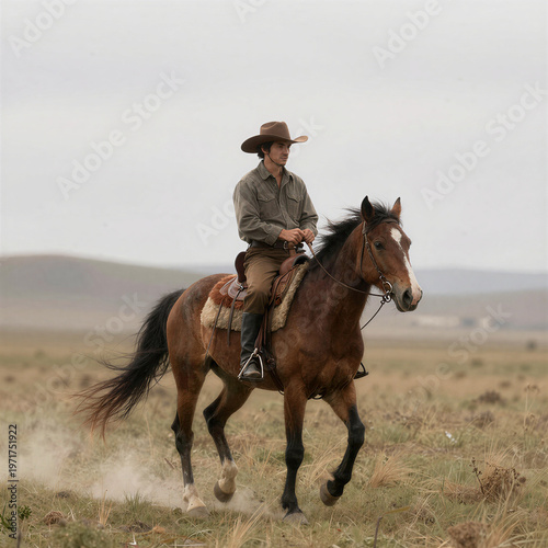 Gaucho rides a horse across the windswept grassy steppe of Tierra del Fuego