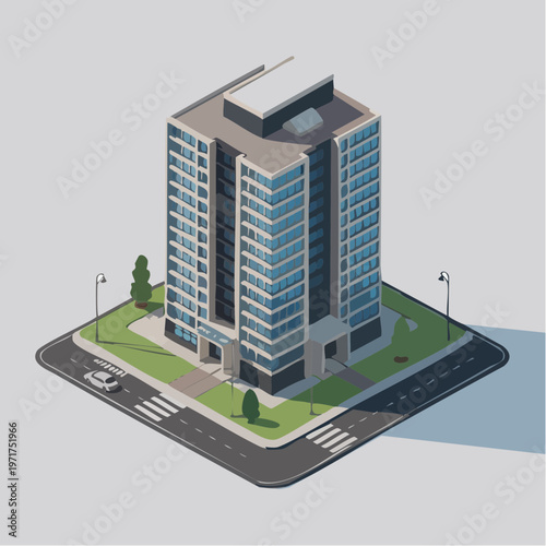 Isometric 3D illustration of modern office building with blue windows 