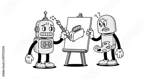 Robots painting on an easel together.