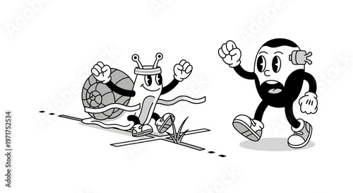 Snail and man racing cartoon characters.
