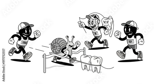 Snail racing with cartoon characters competing.