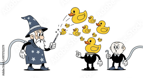 Wizard casting magic on businessmen ducks.
