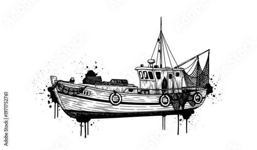Hand-drawn fishing boat side view vector with artistic ink splashes