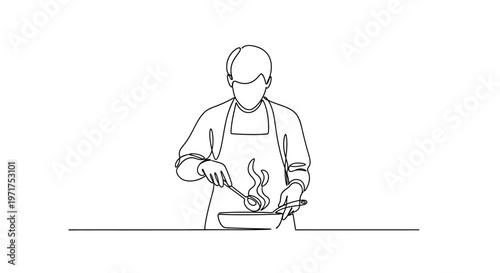 Chef Cooking in Frying Pan with Steam, Minimalist Line Art