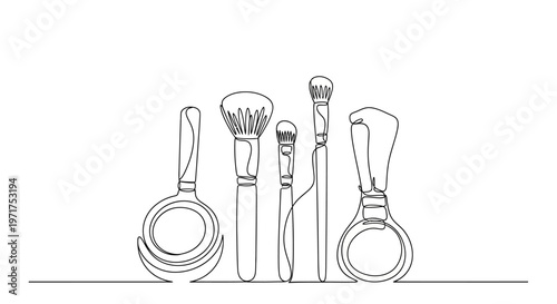 Minimalist Line Art of Makeup Brushes Collection on White Background