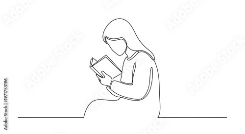 Minimalist line drawing of a woman reading a book, simple illustration, focus and concentration