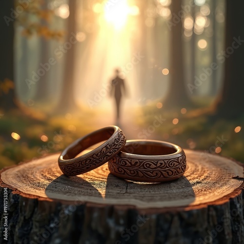 Two carved wooden rings rest on tree stump. Man walks away into sunlit forest path. Nature background evokes commitment, journey, love, and marriage union.