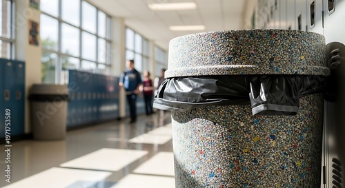 A recycling bin with a black plastic bag sits in a school hallway with students walking by.