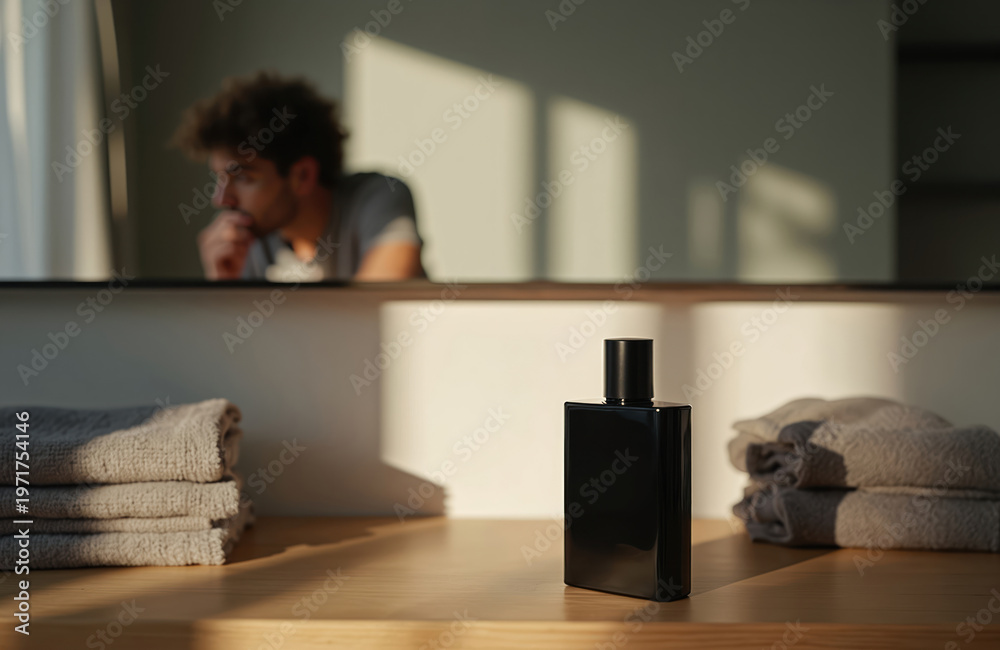 Fototapeta premium Man looks in mirror near perfume bottle. Reflection shows man contemplating. Bathroom shelf with folded towels and cologne. Morning sun creates shadows.