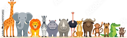 Diverse Animal Lineup Featuring Giraffe, Elephant, Zebra, Lion, and Crocodile