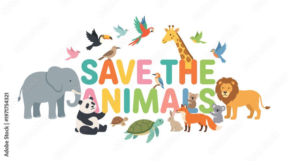 Obraz premium Save the Animals Illustration with Diverse Wild and Domestic Creatures