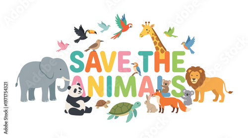 Save the Animals Illustration with Diverse Wild and Domestic Creatures