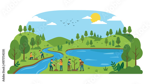 Scenic outdoor park with people enjoying nature, river, and lush greenery