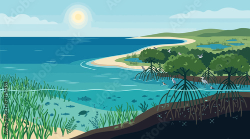 Serene coastal landscape with sandy beach and lush greenery under blue sky