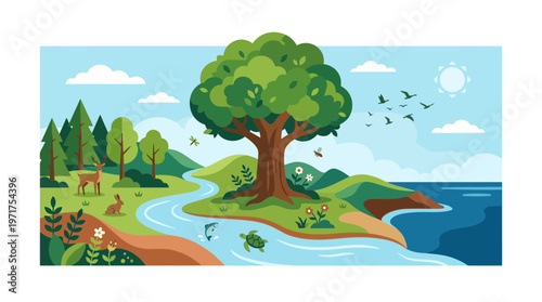 Serene lakeside landscape with lush trees and flowing water