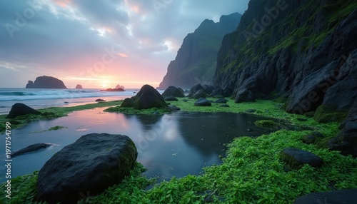 Rocky coast with vibrant green seaweed at dusk. Calm ocean waves meet the shore near dark cliffs. The sky shows soft pink and orange hues from the setting sun. Peaceful nature scene.