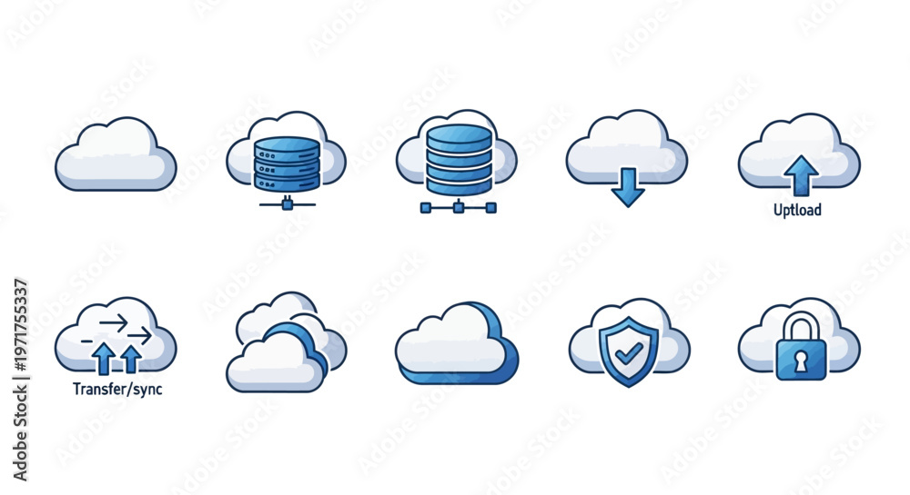 Obraz premium Set of Cloud Computing Icons Representing Data Storage, Transfer, Upload, and Security Features