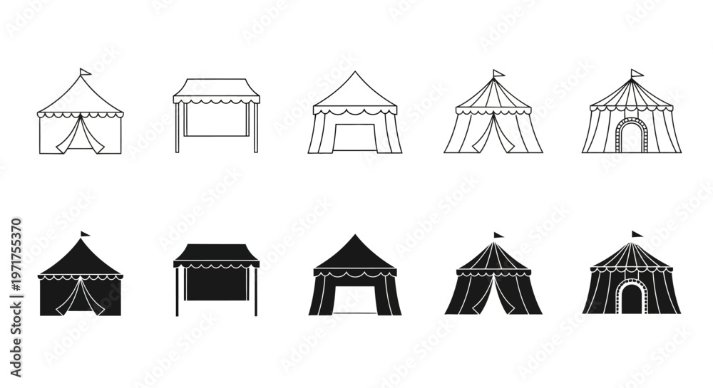 Fototapeta premium Versatile collection of outdoor event tents, featuring carnival, market, and party canopy structures in both outline and solid silhouette vector styles