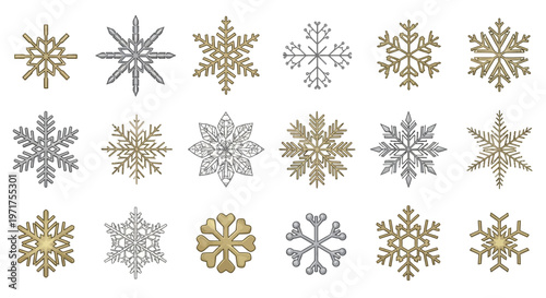 Elegant collection of golden and silver snowflakes, ideal for festive winter holiday designs and decorations