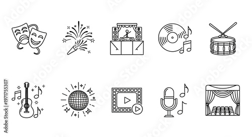 Collection of Line Art Icons Representing Entertainment and Celebration Themes