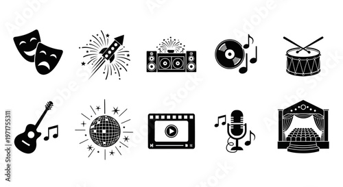 Diverse Collection of Entertainment and Performing Arts Vector Icons Set for Music, Theater, and Celebration Events Design Elements
