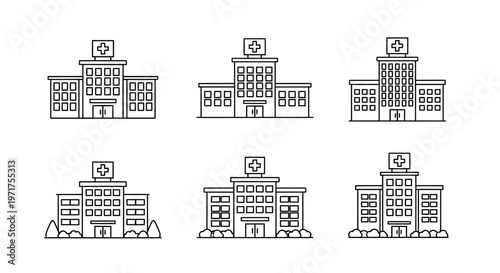 Set of Hospital Buildings and Clinics with Medical Cross Icon, Architectural Vector Graphics