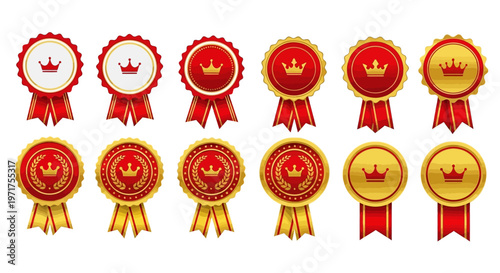 A collection of premium quality gold and red award ribbons and badges with crowns, symbolizing achievement and excellence for top performers