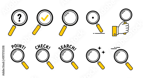 Set of Magnifying Glass Icons with Varied Symbols for Search, Discovery, Analysis, and Problem Solving