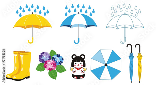 Vibrant collection of rainy season vector illustrations various umbrellas, rain boots, and blooming hydrangeas for spring weather