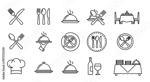 Collection of Restaurant and Dining Service Line Icons, Featuring Cutlery, Cloches, and Tables