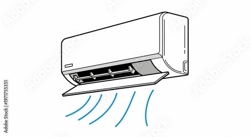 Vector illustration of a modern wall-mounted air conditioning unit providing refreshing cool air flow for indoor climate comfort and temperature regulation