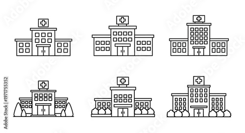 Set of simple line art hospital building icons with a cross symbol, representing healthcare facilities