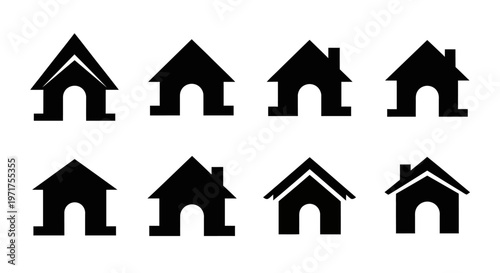 Collection of Silhouette House Icons Representing Real Estate and Home Ownership Concepts