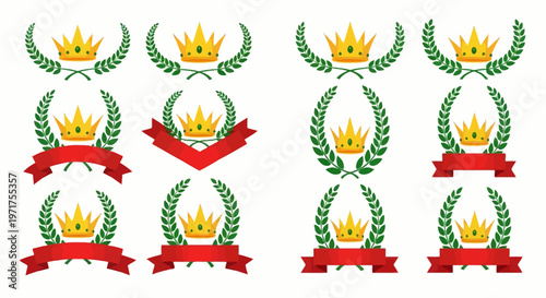 Collection of Award Icons Featuring Laurel Wreaths, Crowns, and Banners for Achievement and Recognition