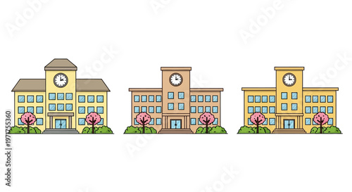 A charming collection of three cartoon school buildings adorned with blooming cherry blossom trees, illustrating educational institutions and campus life in spring