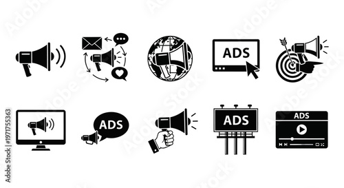 Digital Marketing and Advertising Strategy Icons Set – Promote Your Business and Reach Your Audience Effectively
