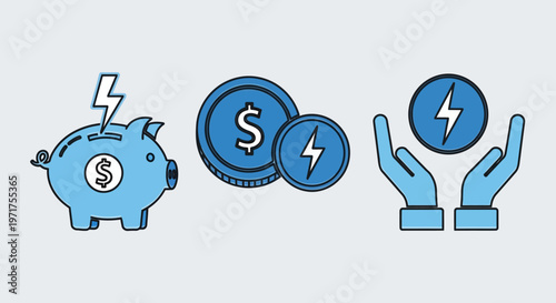 Financial savings and investment icons, representing piggy bank, coins, and hands holding a lightning bolt symbolizing energy or rapid growth