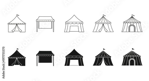Versatile collection of outdoor event tents, featuring carnival, market, and party canopy structures in both outline and solid silhouette vector styles