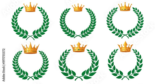 Elegant laurel wreaths with golden crowns, symbolizing victory, achievement, and success, perfect for award designs and celebration emblems