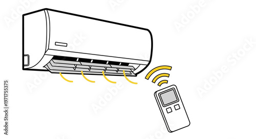Efficient home air conditioning unit operated by wireless remote control, showing cool air distribution for comfort